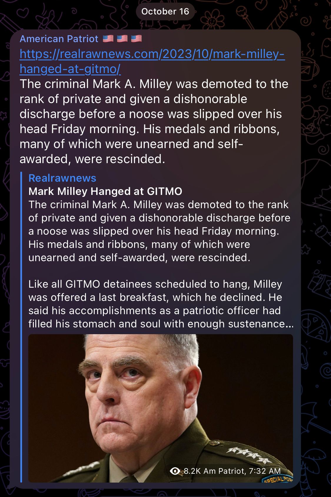 The criminal Mark A. Milley was demoted to the rank of private and given a dishonorable discharge before a noose was slipped over his head Friday morning.