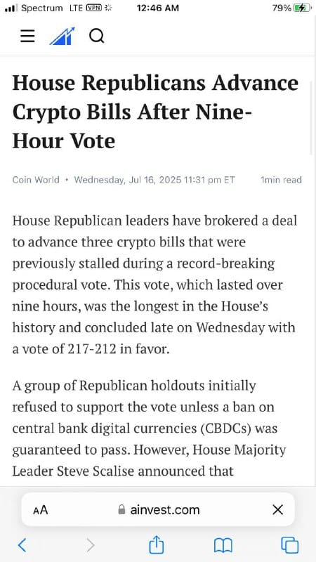 ⭐️ Republicans Advance Crypto Bills 217-212 after 9 hour vote. CBDC Banned.