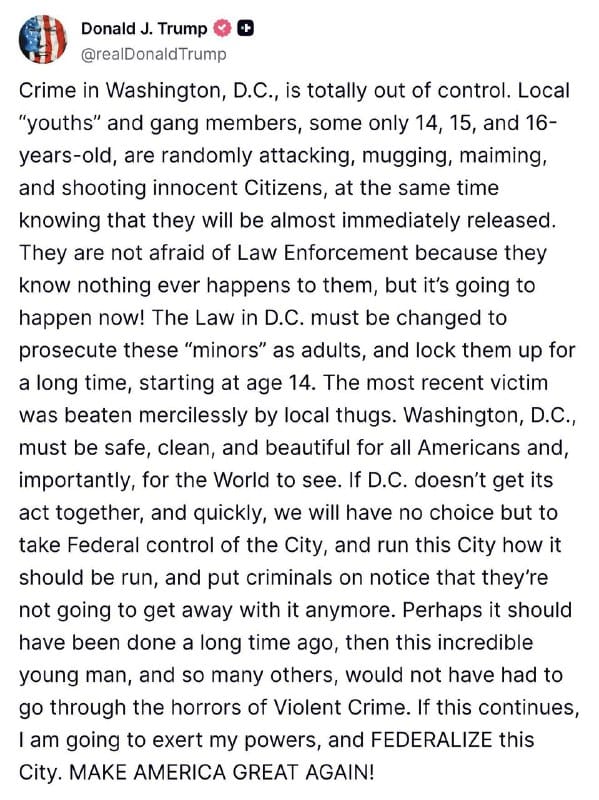 Graphic Image JUST IN: President Trump threatens to take FEDERAL CONTROL of Washington…
