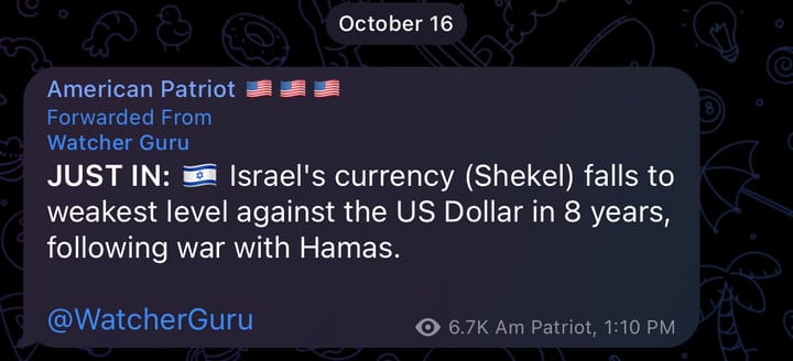 JUST IN: 🇮🇱 Israel's currency (Shekel) falls to weakest level