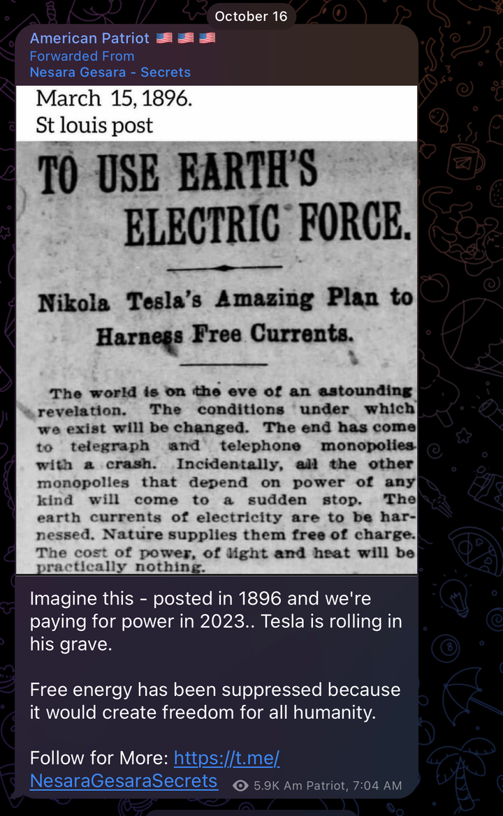 Imagine this - posted in 1896 and we're paying for power in 2023.. Tesla is rolling in his grave.