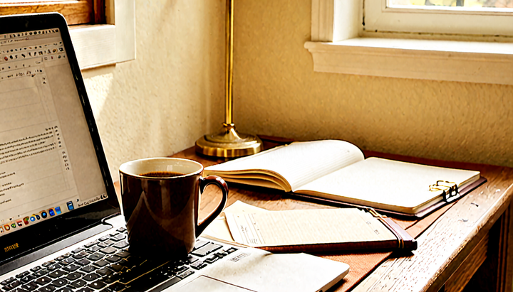 A quiet home-office desk at morning — laptop with code, brass lamp, open paper notebook, coffee mug, warm window light
