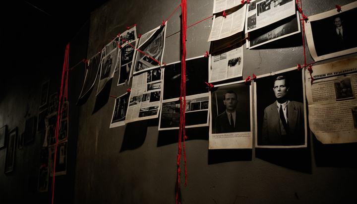 Detective research wall with red-string-connected photos and headshots — visual frame for the disclosure-underground field notes
